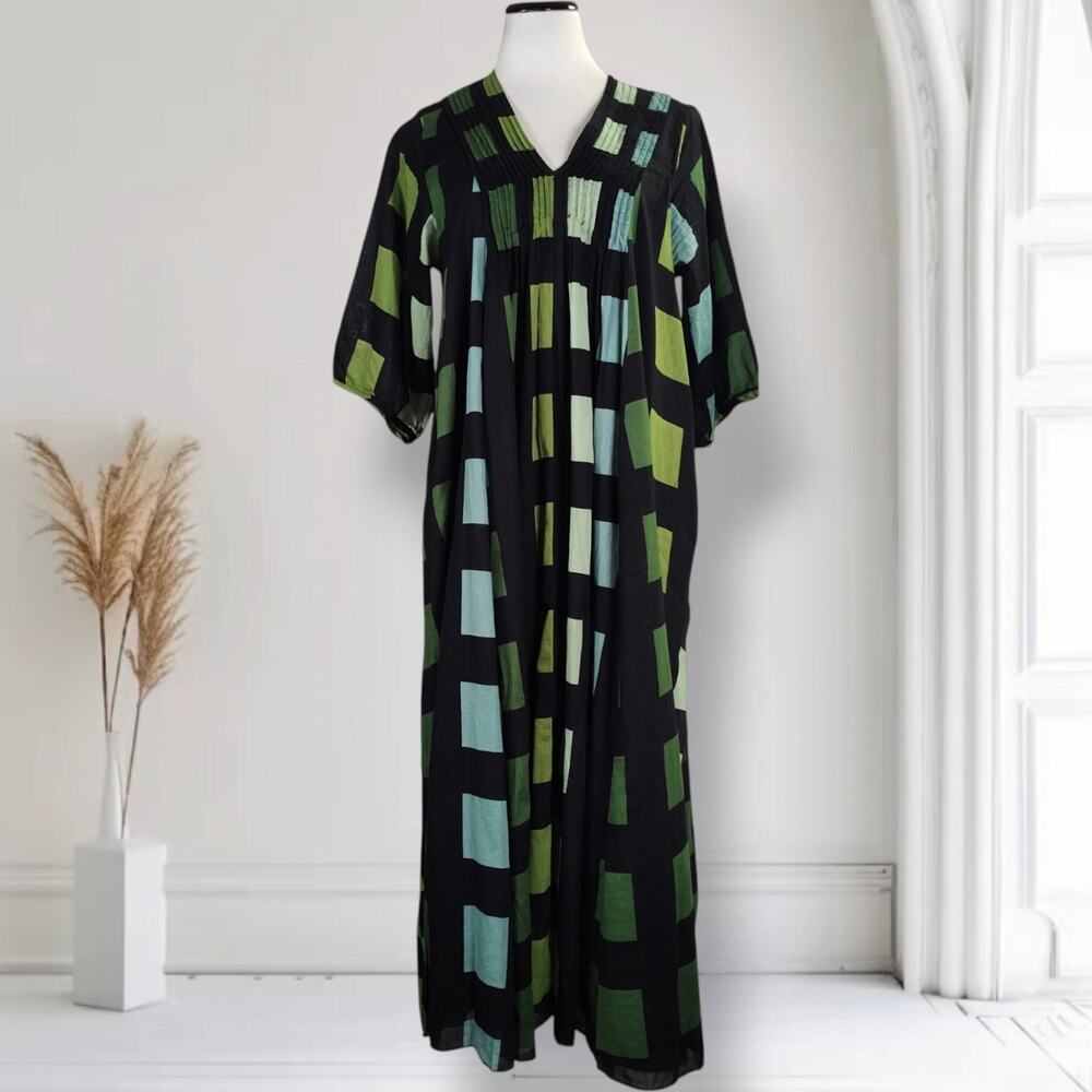 Dolma Skye Dress L Black Green Geometric Cotton Maxi Pintuck Boho Pockets